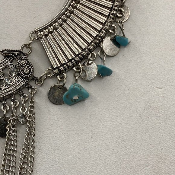 BOHO STYLE COLLAR BIB TURQUOISE CHIPS SILVER TONE 20" Tassel Drop Necklace - Picture 4 of 8